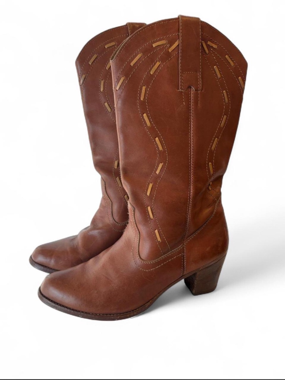 Vintage Made in Roma Italian Leather Western Cowboy Boots Cognac Brown Womens 9